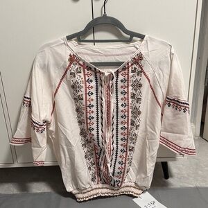S.S Ge Boho Print Peasant Top White Multi Short Sleeve NWT